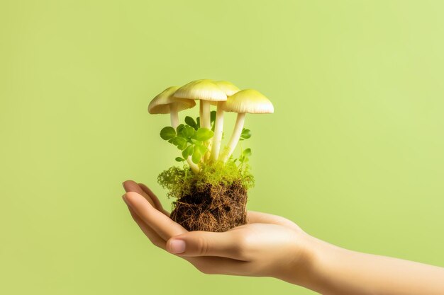 Hand holding raw natural mushrooms of honeydew with mycelium on table on green background