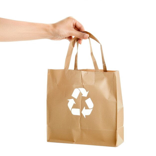 Hand holding a recyclable paper bag isolated on a white background