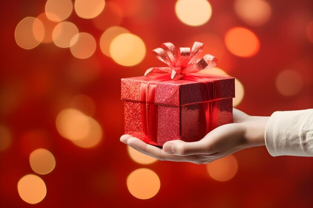 Foto la mano che tiene un regalo di natale rosso