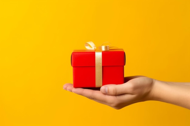 A hand holding a red gift box with a gold ribbon on it