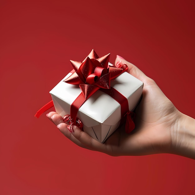 hand holding red gift box with white ribbon and bow on the red background Valentines Day