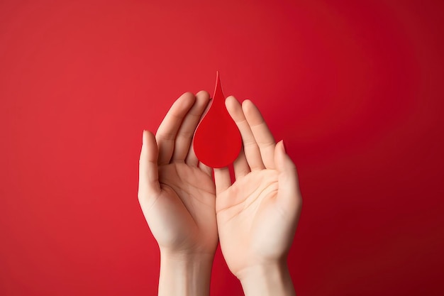 A hand holding a red heart shaped droplet