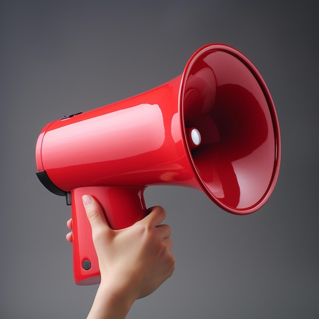 A hand holding a red megaphone against a gray background.