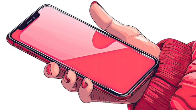 Foto una mano che tiene un telefono rosso con uno schermo rosa