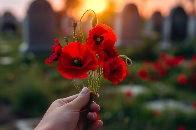 hand holding red poppies flowers generative by ai