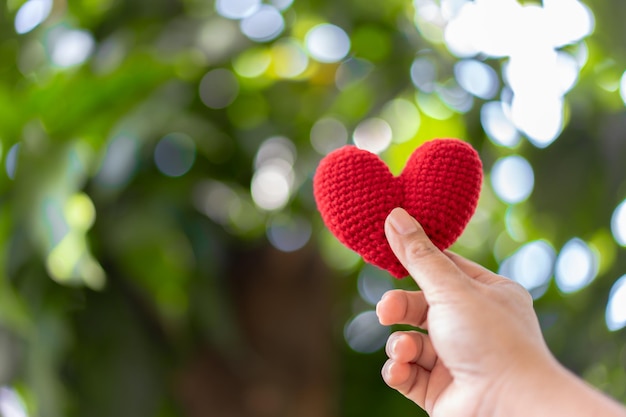 Hand holding red yarn heart shape with natural beauty background