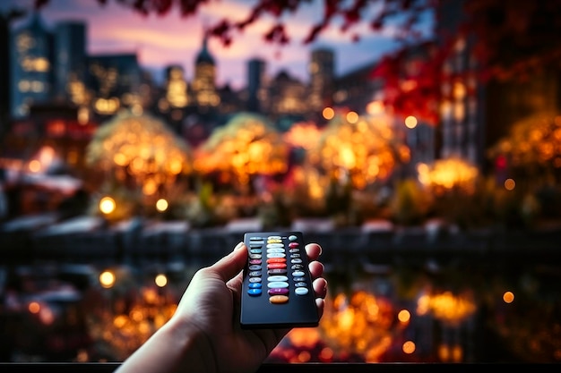 Hand holding a remote control in front of a blurred background of the city