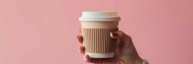 Hand holding a ribbed takeaway coffee cup against a soft pink background space for branding