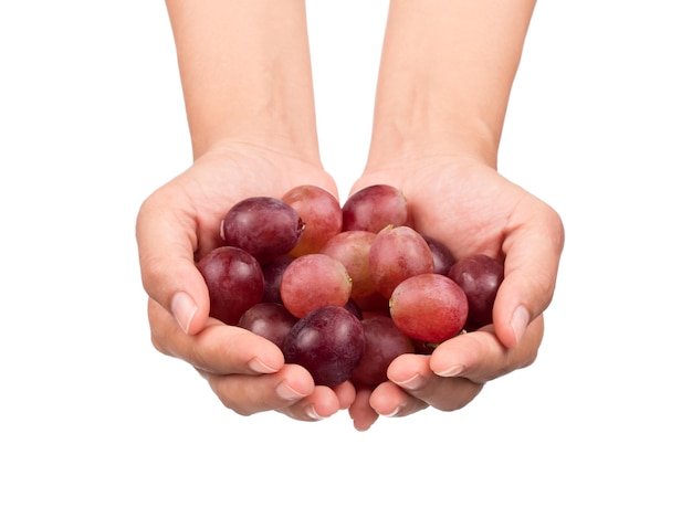 hand holding Ripe grape isolated on white background