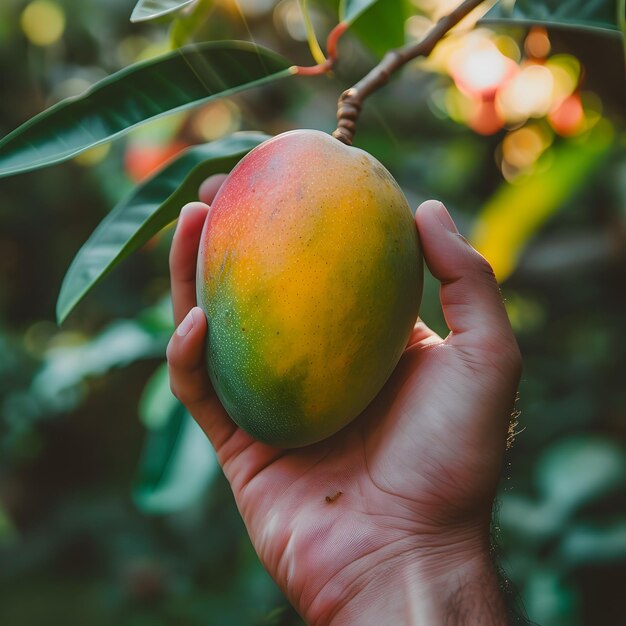 Hand Holding a Ripe Mango on a Tree