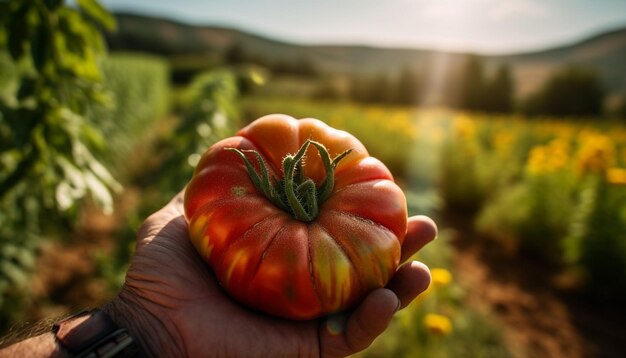 AIが生成した有機菜園で熟したトマトを持つ手