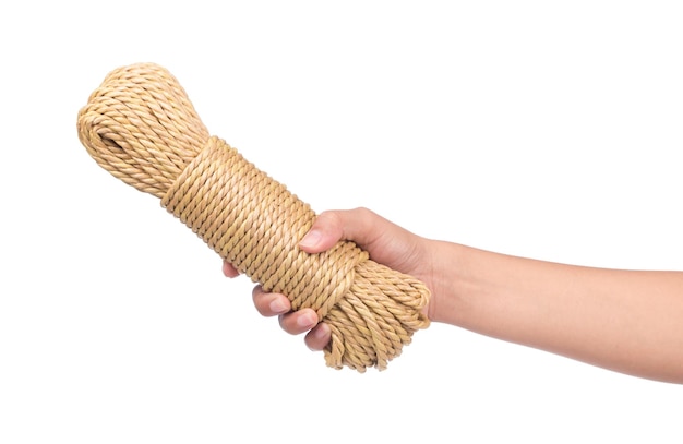 hand holding rope isolated on white background