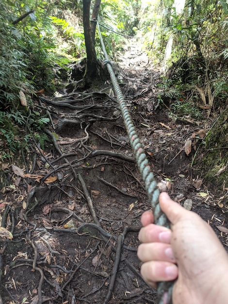 hand holding a rope in the mountains