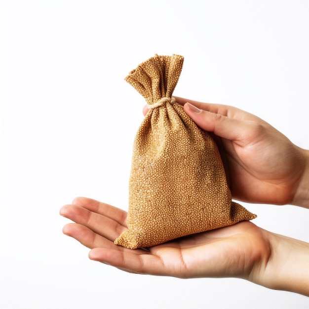 Hand holding a sack of beans isolated on white background with clipping path