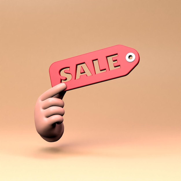 Hand holding a sale sign 3D render illustration