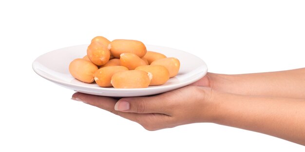 hand holding Sausage, cheese, breakfast on dish isolated on a white background