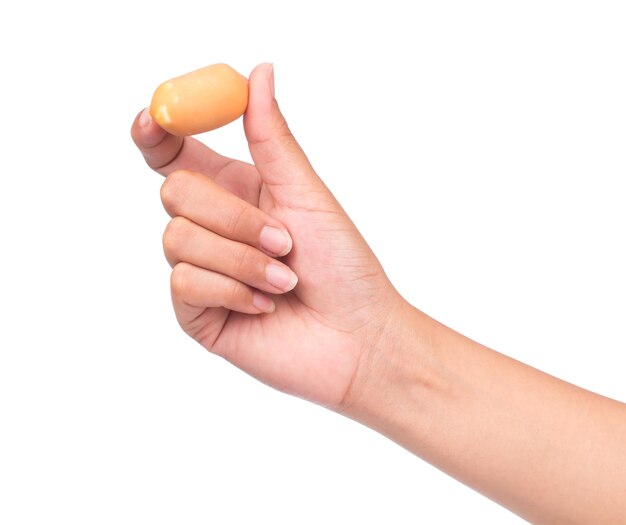 hand holding sausage, cheese, breakfast isolated on a white background
