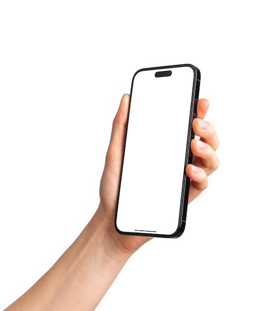 Hand holding screen mockup of iphone 14 mobile phone mock up isolated on white background