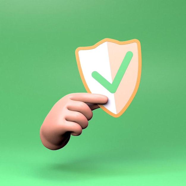 Hand holding security shield icon 3D render illustration