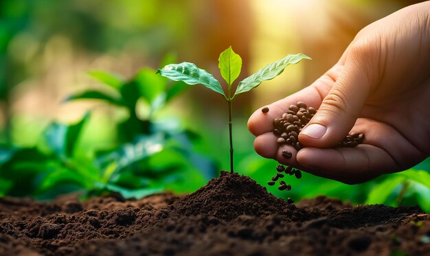 a hand holding a seedling with a plant in the background