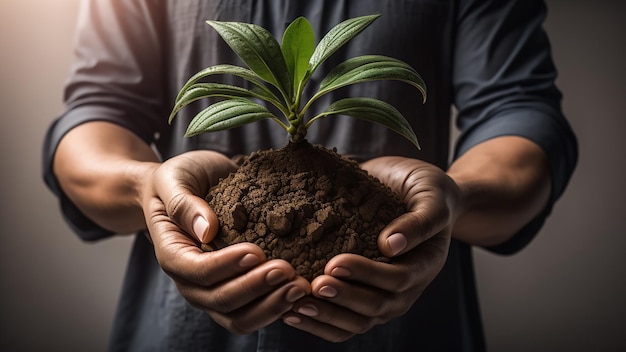 a hand holding a seedling with soil symbolizing care for nature