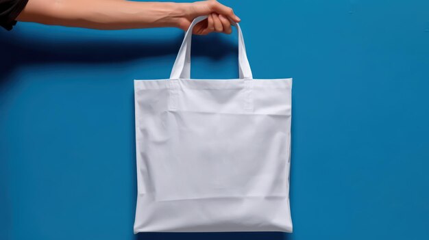 Hand holding shopping bag on blue background for mockup