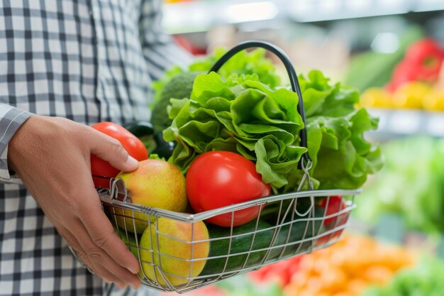 Foto cestino della spesa con frutta e verdura in mano concepto di shopping