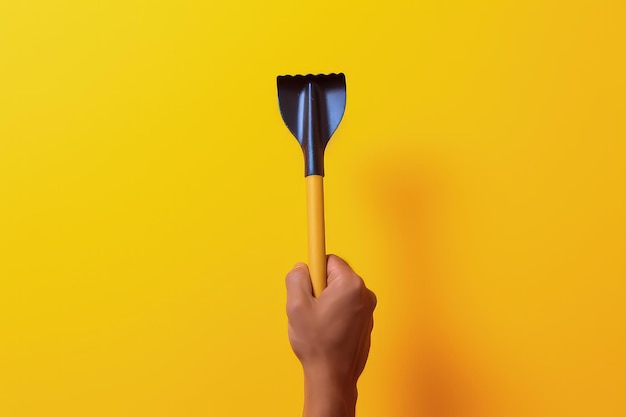 Hand holding shovel on yellow background AI