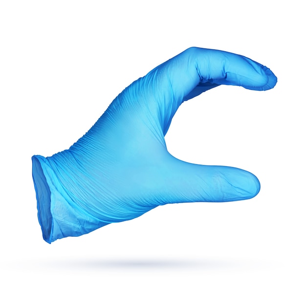 Hand holding or showing something in blue nitrile protective glove isolated on white background.