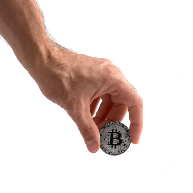 Photo hand holding a silver bitcoin