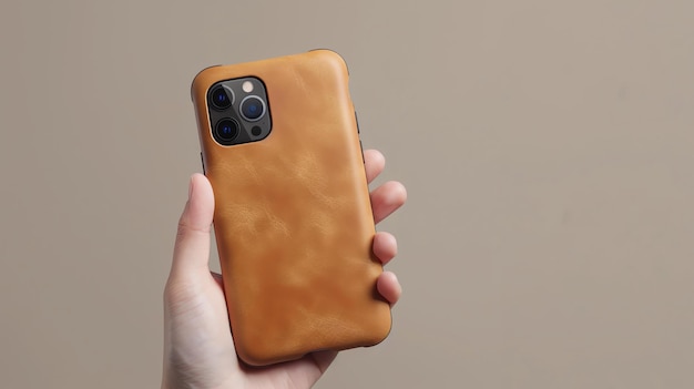 A hand holding a sleek modern smartphone with a brown leather case against a beige background