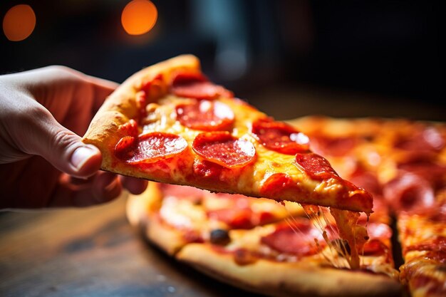 A hand holding a slice of pepperoni pizza with a blurred background