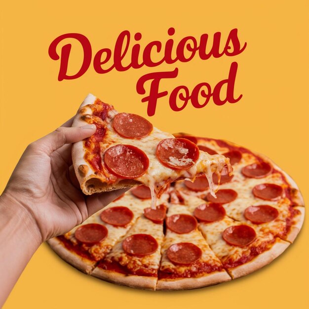 Foto una mano che tiene una fetta di pizza con le parole cibo delizioso scritto su di esso