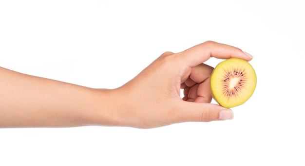 hand holding slice red kiwi fruit isolated on white background