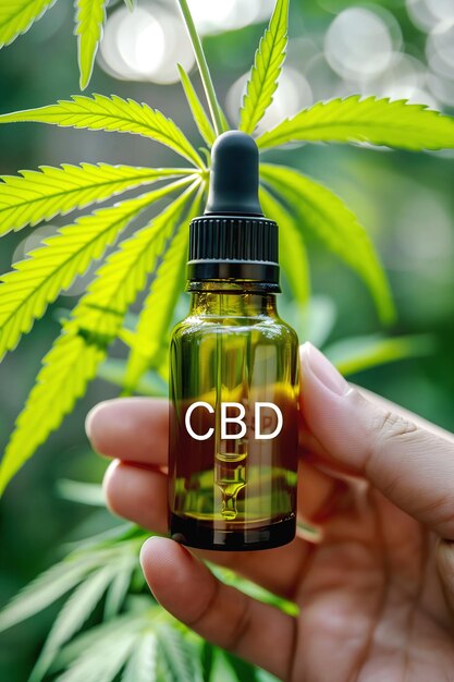 사진 배경에서 마리화나 잎과 함께 cbd 오일의 작은 병을 들고 있는 손 자연 의학 의약품