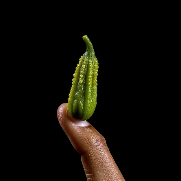 Photo a hand holding a small green cucumber with the word okra on it.