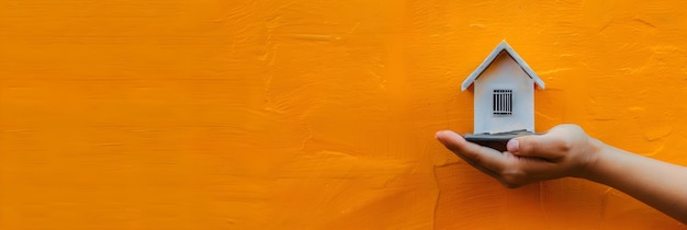Фото Рука, держащая небольшой дом на оранжевом фоне