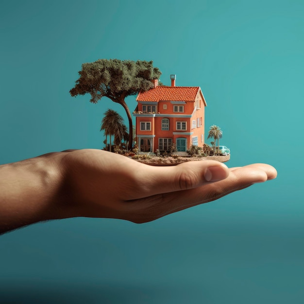 Photo a hand holding a small house with a blue background.