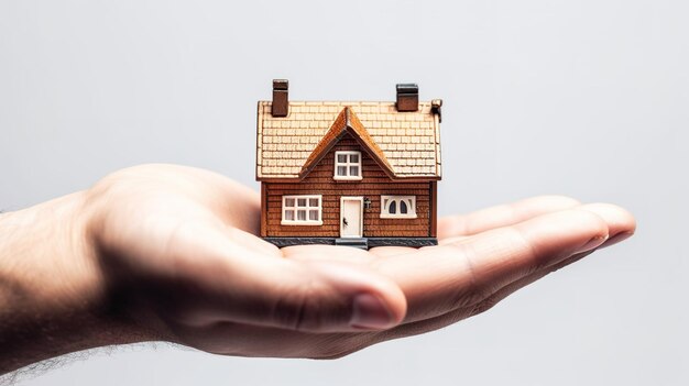 A hand holding a small house with a brown roof and a white door.