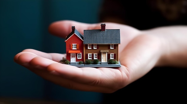 A hand holding a small house with dark background