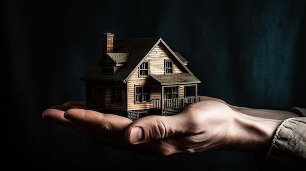 A hand holding a small house with the word home on it