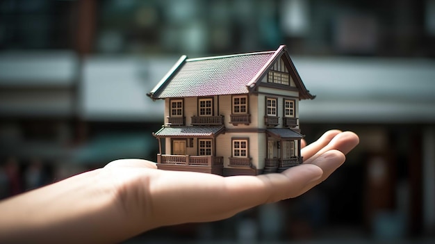 A hand holding a small house with the word home on it