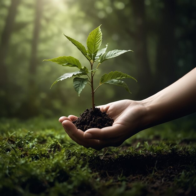 Photo a hand holding a small plant in a forest