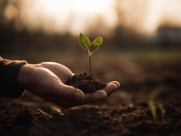 A hand holding a small plant in the soil