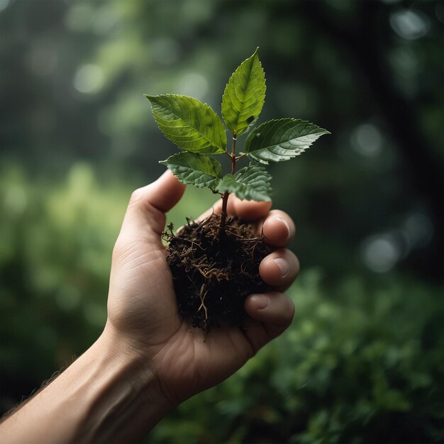 その上にスプルーツという言葉が書かれた小さな植物を握っている手