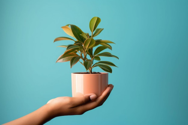 A hand holding a small potted plant Concept of urban jungle growing plants at home Generative AI illustration