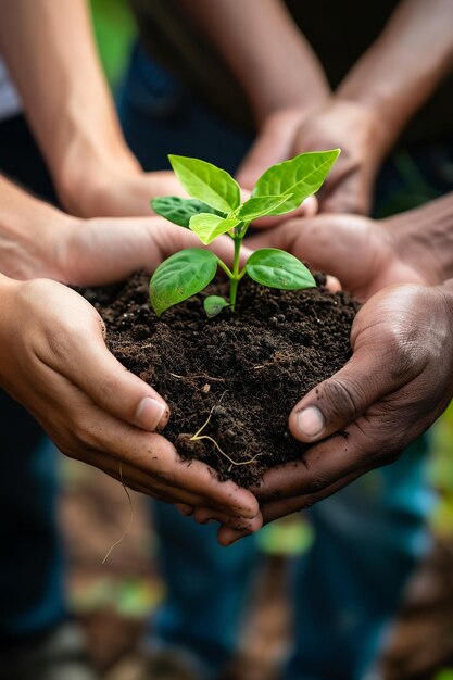 地球の日緑の世界コンセプトを植えるために小さな苗を握る手