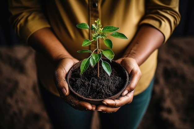 Hand holding small tree for planting