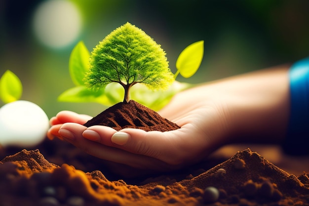 A hand holding a small tree in the soil