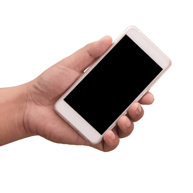 Hand holding smart phone isolated on white background